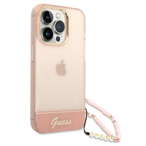 Guess PC/TPU Camera Outline Translucent Case with Strap for iPhone 14 PRO pink
