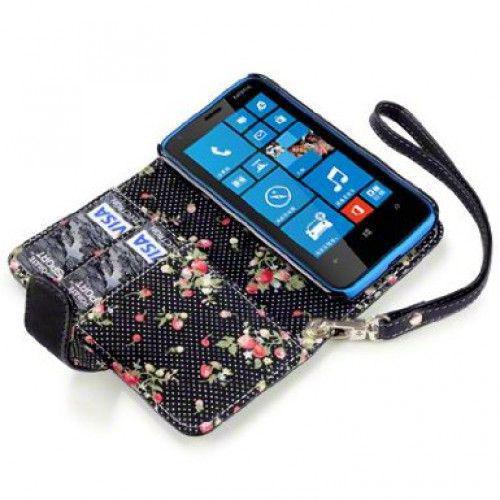 Θήκη PU Leather Wallet για Nokia Lumia 620 Black/Floral