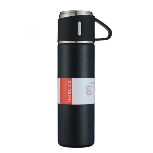 Techsuit  ΘΕΡΜΟΣ Thermos + Two Cups (THM4) - Heat & Cooling Preservation, Stainless Steel and Silicone, 500ml - black