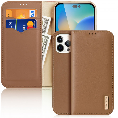 Dux Ducis Hivo Leather Flip Cover Genuine Leather Wallet for Cards and Documents iPhone 14 Pro Brown
