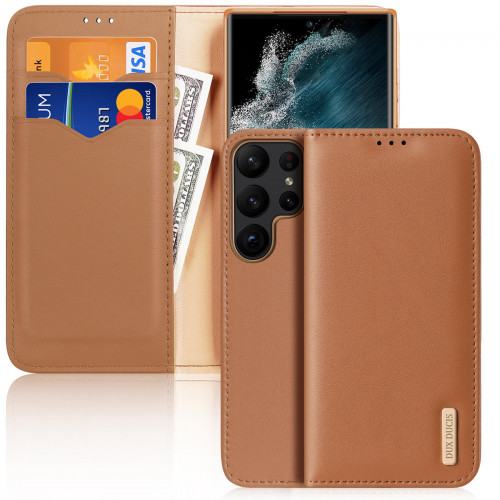 Dux Ducis Hivo case Samsung Galaxy S23 Ultra cover with flip wallet stand RFID blocking Brown