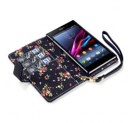 Θήκη για Sony Xperia Z1 Premium Floral PU Leather Wallet  Black