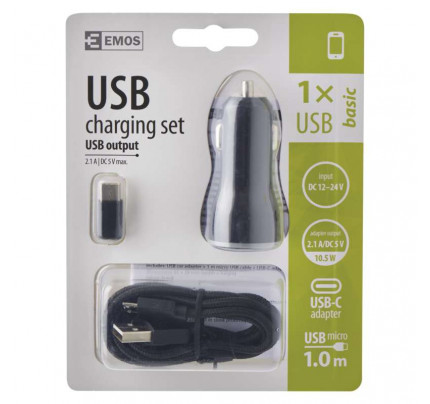 EMOS USB car charger 2.1A + micro USB καλώδιο + μετατροπέας micro usb σε type C