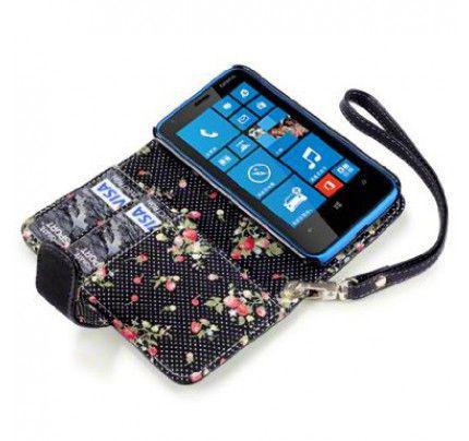 Θήκη PU Leather Wallet για Nokia Lumia 620 Black/Floral