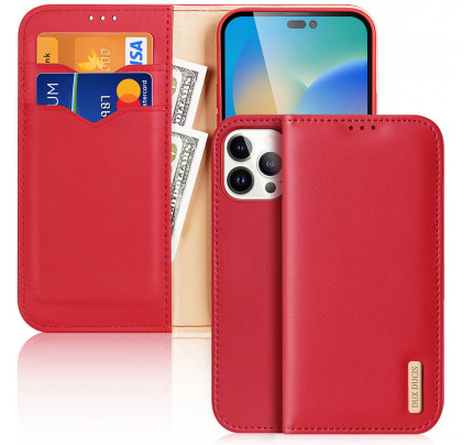 Dux Ducis Hivo Leather Flip Cover Genuine Leather Wallet for Cards and Documents iPhone 14 Pro Max red