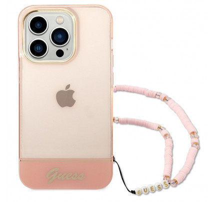 Guess PC/TPU Camera Outline Translucent Case with Strap for iPhone 14 Pro Max pink