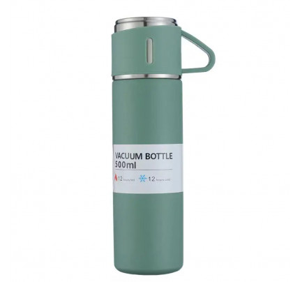 Techsuit  ΘΕΡΜΟΣ Thermos + Two Cups (THM4) - Heat & Cooling Preservation, Stainless Steel and Silicone, 500ml - Green