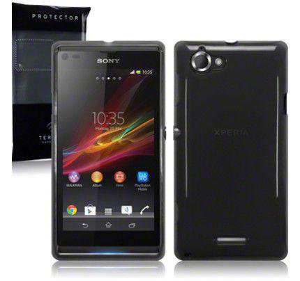 Θήκη TPU Gel για Sony Xperia L C2105 Smoke Black + Φιλμ Προστασίας 